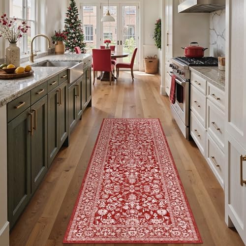 PureCozy Red Runner Rug 2x6 Vintage Floral Farmhouse by PureCozy