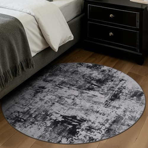 Rugflix Round Area Rugs 4Ft for Living Room, Washable Black Grey Circle Rug - Image 3