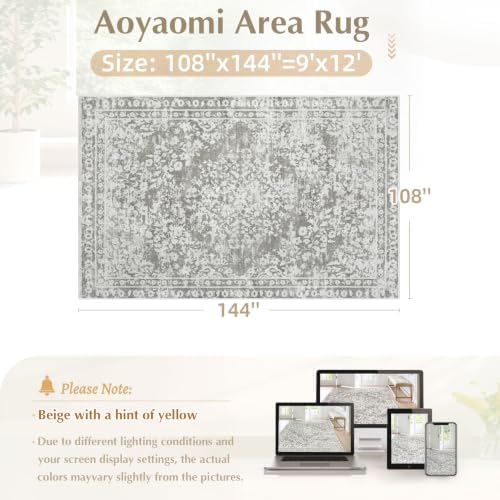 Vintage Living Room Area Rug - 9x12 Large Machine Washable Boho Area Rug Distressed Floral Rugs for Bedroom, Soft Non-Slip Indoor Floor Accent Rugs for Office Dining Room (Floral Grey, 9'x12') - Image 2