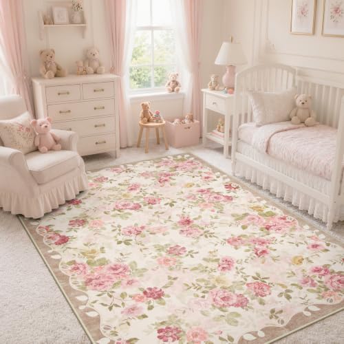 Lahome Pink Floral Nursery Rug 4x6, Low Pile Ultra-Thin Girls Bedroom Rug by Lahome
