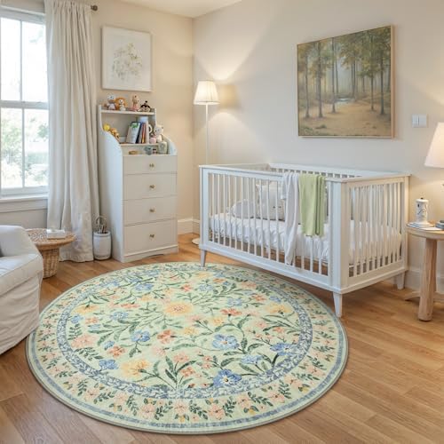 Wonnitar Washable Floral Round Rug, 6ft Sage Green Round Area Rugs for Bedroom Nursery, Boho Non-Slip Indoor Large Circle Carpets for Dining Room Living Room Kids Playroom - Image 6
