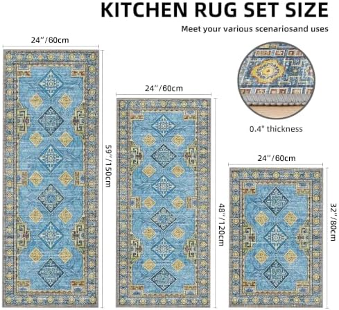 Kitchen Rugs Sets of 3 Non Slip Washable Kitchen Mats for Floor, Light Blue - Image 2