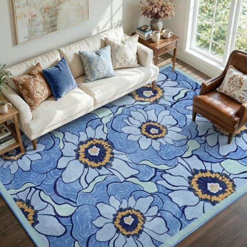 6x9 Ft Floral Area Rugs for Living Room, Thin Soft Washable Carpet Blue by Cuzwlovita