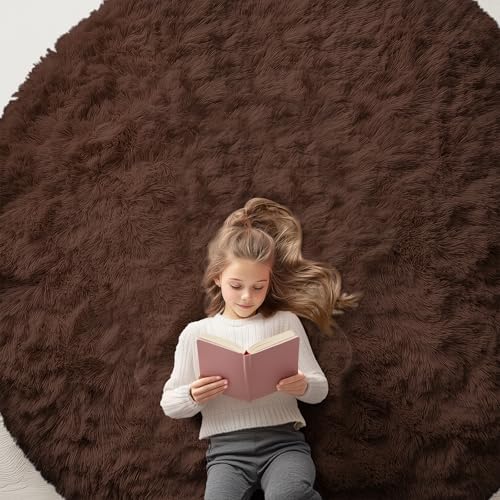 OLANLY Coffee Round Rugs for Bedroom - Machine Washable, 7 ft Circle Area Rugs for Living Room, Soft and Fluffy Shaggy Carpet for Teen Girls and Boys, Nursery Rooms, Dorms, Home Decor Aesthetic by OLANLY