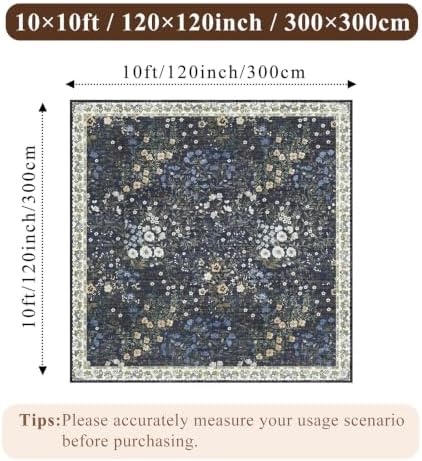 10x10 Square Area Rug Living Room: Boho Floral Washable Mat for Dining Room Bedroom Office High Traffic Area Soft Non Slip Low Pile Indoor Carpet for Vintage Farmhouse Home Decor (10ft Square, Blue) - Image 2