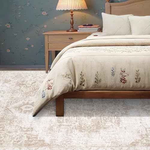 Area Rug 5x7 Vintage Rug: Washable Indoor Medallion Rugs Low Pile Distressed Floor Carpet Retro Accent Rug for Living Room Bedroom Kitchen Dining Table Home Office(Beige, 5'x7') - Image 4
