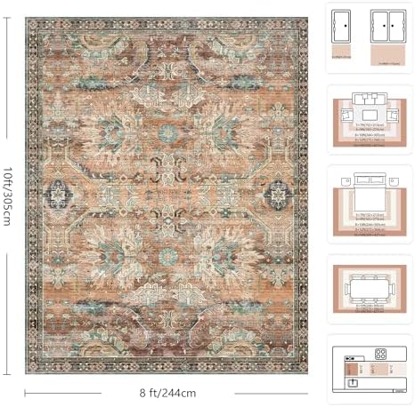 8x10 Area Rugs, Vintage Retro Soft Washable Rug, Non-Slip Low Pile Rugs for Living Room, Bedroom, Dining Room, Stain Resistant Home Decor Rug (Vintage Orange/Brick) - Image 2