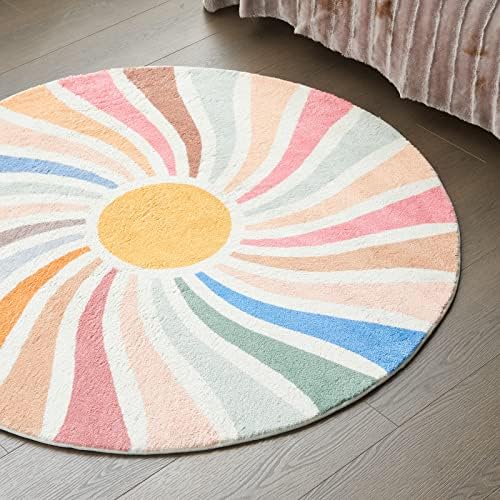 Topotdor Sun Rainbow Round Rug,Colorful Boho Kids Rug Ultra Soft Washable Nursery Rug for Bedroom Perschool Classroom,47" Round - Image 4