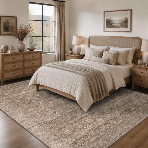 JOOJA 9x12 Neutral Tan Vintage Floral Non Slip Washable Boho Retro Area Rug - Image 3