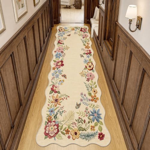 FMFUNCTEX 3x7 Hallway Runner Rug Washable Beige Floral Vintage Scalloped - Image 3