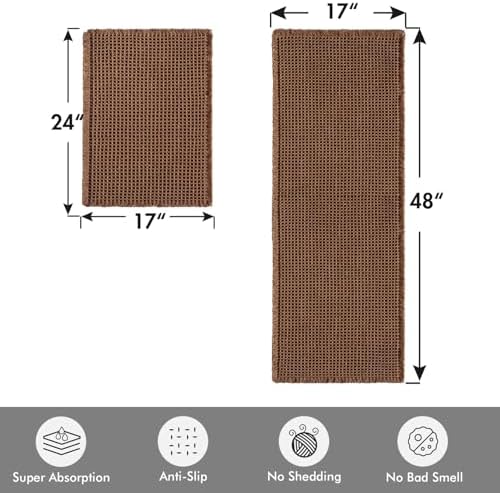 MIULEE Set of 2 Waffle Bathroom Rugs Boho Bath Mat Mocha 17"x24"+17"x48" - Image 2