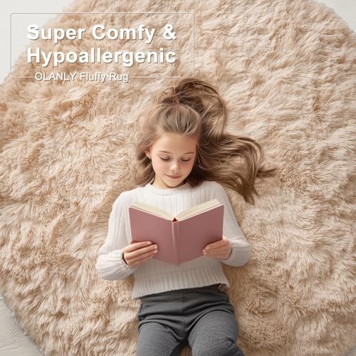 OLANLY Beige Round Rugs for Bedroom - Machine Washable, 5 ft Circle Area Rugs for Living Room, Soft and Fluffy Shaggy Carpet for Teen Girls and Boys, Nursery Rooms, Dorms, Home Decor Aesthetic - Image 6