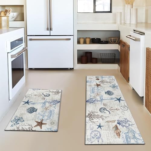 Nautical Kitchen Rug Set of 2,Ocean Themed Kitchen Decor Vintage Beach Kitchen Mat Non-Slip Washable, Farmhouse Kitchen Decor Anti Fatigue Floor Mat for Kitchen Laundry Room,17x30+17x47 Inch - Image 2