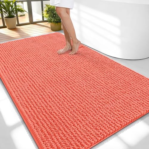 OLANLY Thick Chenille Large Bathroom Rugs 59x35, Absorbent Bath Mat, Coral by OLANLY