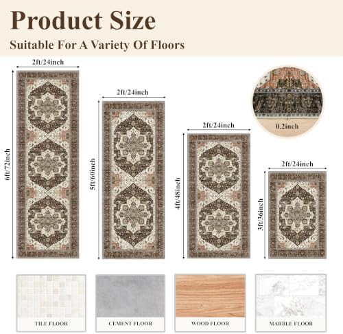 Kitchen Rug Sets 4 Piece Non-Slip: Washable Boho Kitchen Mats for Floor with Rubber Backing - Vintage Soft Low Pile Carpet Runner Throw Rugs for Sink,Entryway,Hallway,Bathroom(Brown,2x3+2x4+2x5+2x6) - Image 2