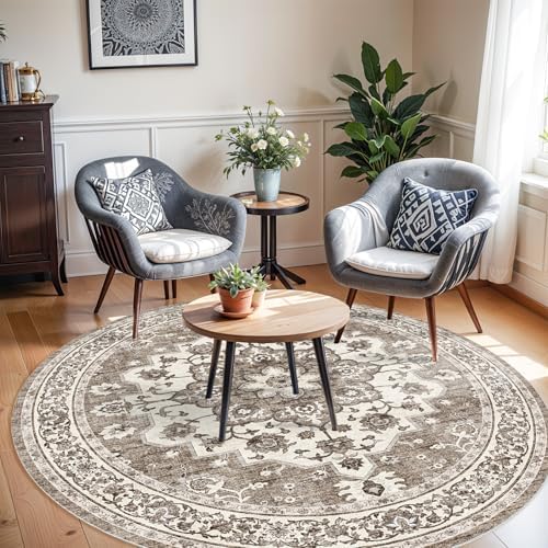 Washable 8ft Round Area Rug: Living Room Oriental Non Slip Ultra Soft Rugs - Image 2