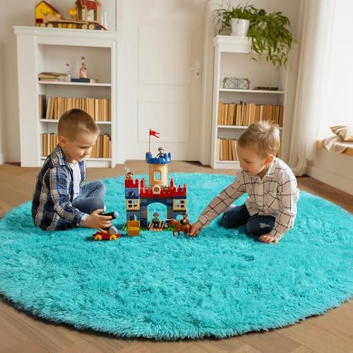 Teal Blue Fluffy Round Rug Circle Area Rugs 4ft for Kids Girls Boys Bedroom - Image 3