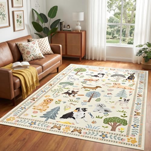ST. BRIDGE 5x7 Living Room Rug, Washable Large Area Rug with Non Slip Backing, Soft Stain Resistant Dog Rugs, Low Pile Animal Indoor Carpet for Kids Room Bedroom Dining Room Home Office, Beige by STBRIDGE