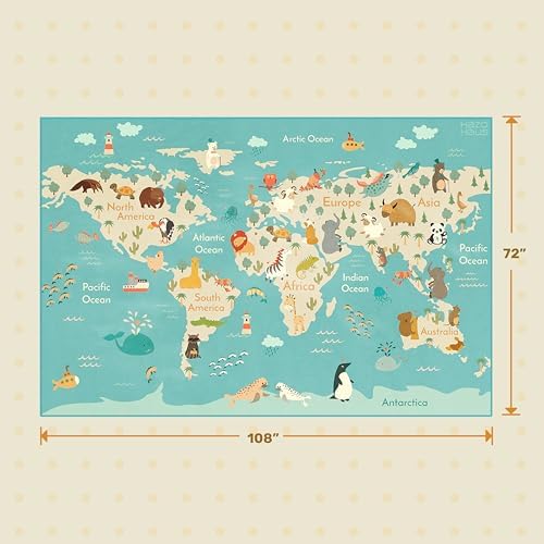 Hazo Haus Washable Large Kids Room Rug with Animal – 6x9 Educational World Map Area Rug for Bedroom – Non-Slip, Stain Resistant, Soft & Safe, Playroom Essentials - Blue Ocean - Image 2