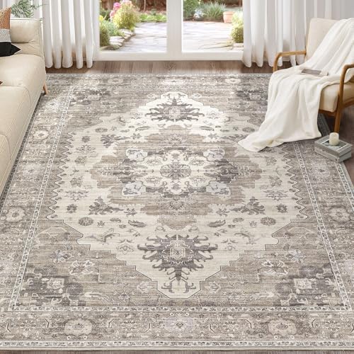 EIEIHOUSE 7x9 Area Rug Washable Vintage Rugs for Living Room Brown/Beige by EIEIHOUSE