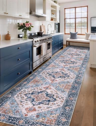 SERISSA 3x14 Washable Non Slip Boho Runner Rug for Hallway，Blue Orange - Image 2