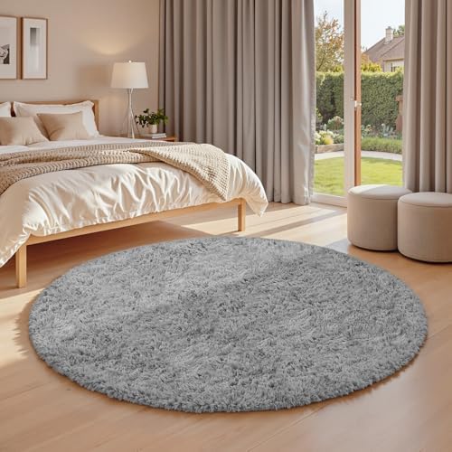 Light Gray Round Fluffy Rug 6ft Plush Fuzzy Shaggy Carpet - Image 2