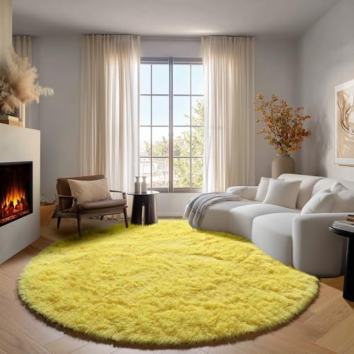 Yellow Fluffy Round Rug Circle Area Rugs 4ft for Girls Kids Teen Bedroom - Image 4