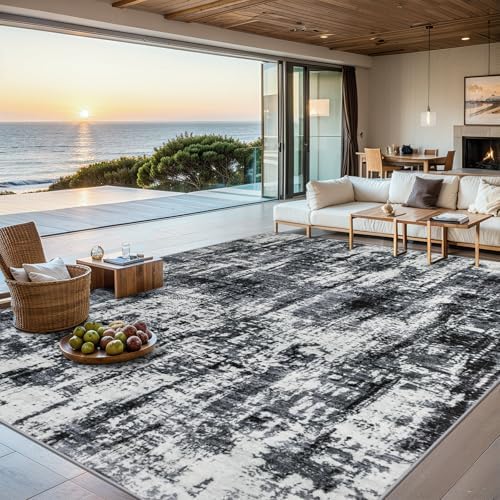 PLHXFR 8x10 Area Rug Living Room: Modern Abstract Washable Carpet Black by PLHXFRSoftAreaRugs