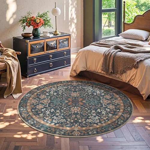 jinchan 6ft Washable Round Area Rug, Vintage Floral, Dark Blue - Image 3
