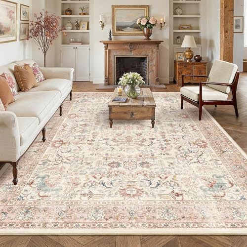 9x12 Washable Living Room Area Rug Non-Slip Vintage Pink Large Carpet by HOME