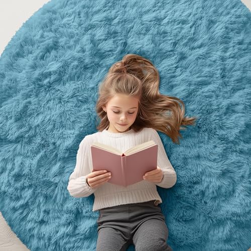 OLANLY Slate Blue Round Rugs for Bedroom - Machine Washable, 5 ft Circle Area Rugs for Living Room, Soft and Fluffy Shaggy Carpet for Teen Girl and Boys, Nursery Rooms, Dorms, Home Decor Aesthetic by OLANLY