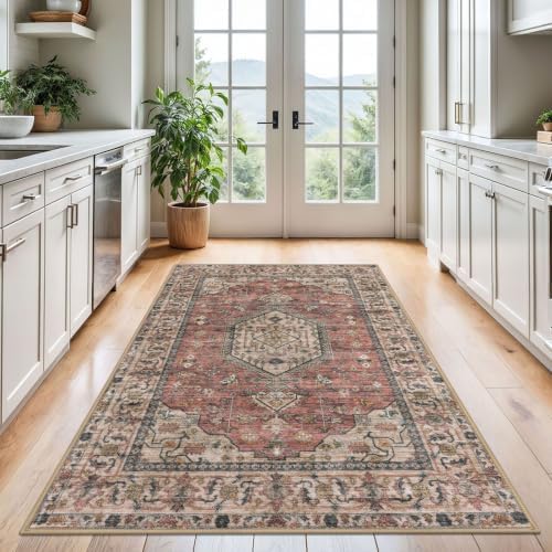 KUTA Vintage Area Rug 4x6 Living Room Washable Entryway Rug Terracotta - Image 4