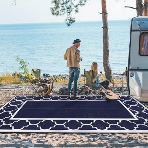 GENIMO Outdoor Rug, Waterproof Plastic Rugs 8'x16' for Camping Blue White - Image 4