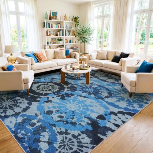 Large Boho Vintage 8x10 Area Rug, Blue Grey Low-Pile Washable Rug - Image 3