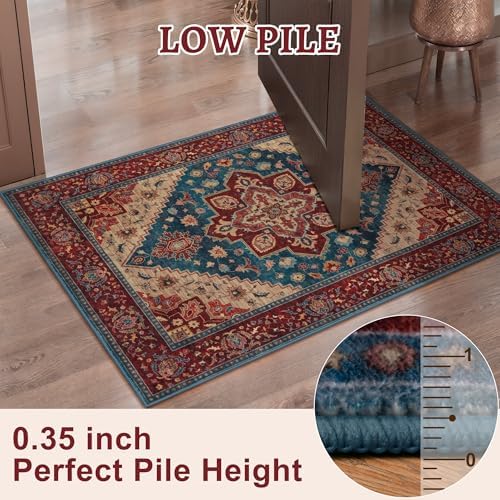 Tangsoo Oriental 2x3 Washable Rugs for Entryway Non Slip Small Rug Red Blue - Image 5