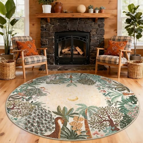 GarveeHome Round Area Rugs 8ft for Living Room, Large Beige Jungle Washable Circle Rug Soft Non Slip Forest Animal Print Floor Mat Tiger Carpet Indoor Thin Rug for Bedroom Dining Room Playroom Nursery by GarveeHome