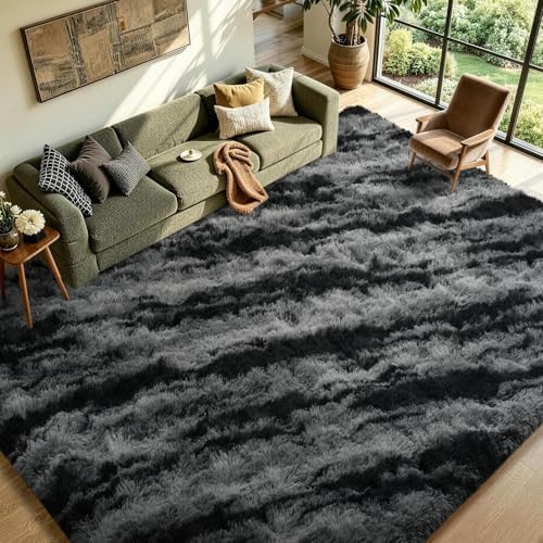 9x12 Non-Slip Fluffy Area Rugs For Living Room (Tie-dye Striped Black) - Image 3