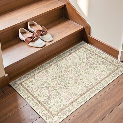 jinchan 2x3 Washable Entryway Area Rug, Floral Non-Slip, Pastoral Green - Image 3