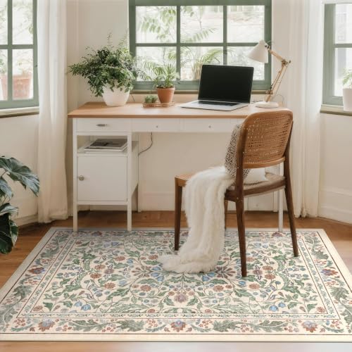 Floral Indoor Entrance 3x5 Area Rug, Washable Vintage Boho Entryway Rugs, Low Pile Non Slip Soft Carpet for Kitchen, Bedroom Beside, Laundry Room, Office Rug, Kids Room, Nursery Room， Beige Green - Image 2