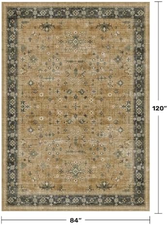 Boho 7x10 Living Room Rug - Washable Rustic Brown and Charcoal Olive Bedroom Area Rug, Modern Vintage Dining Room Carpet, Non-Slip Stain & Fade Resistant - Image 2