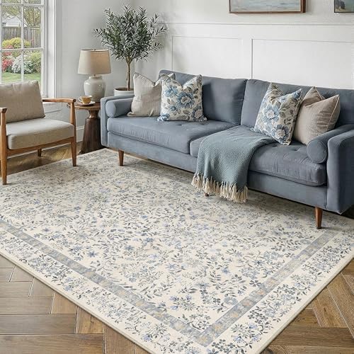 PureCozy 5x7 Blue Floral Area Rug Vintage Farmhouse Style by PureCozy