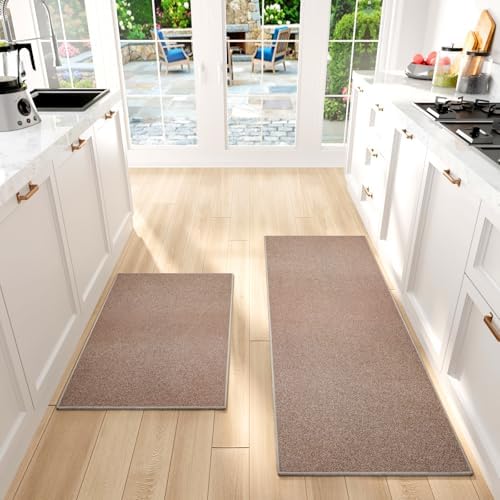 SUMLANS Kitchen Mat Set of 2 PCS, Cushioned Non Slip Rugs for Kitchen Floor, Absorbent Runner Comfort Standing Mats Washable for Kitchen, Office, Home (Brown-Velvet, 17.3"x47"+17.3"x30") by SUMLANS
