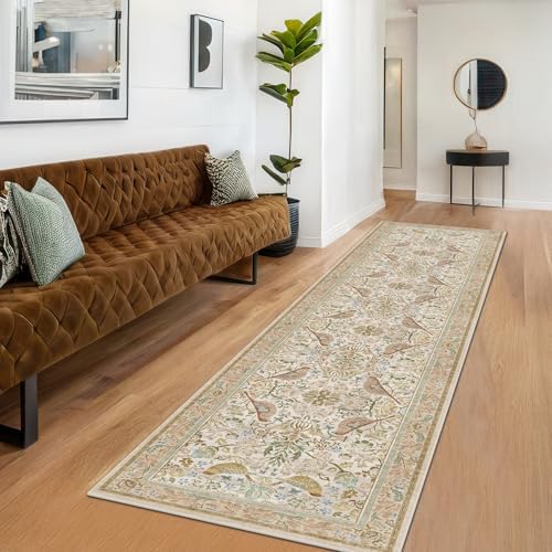 Beige 10 ft Long Vintage Runner Rugs for Hallways - 2x10 Kitchen Runners Non Slip Washable, Low Pile Entryway Rug, with Flowers and Leaves Décor - Image 3