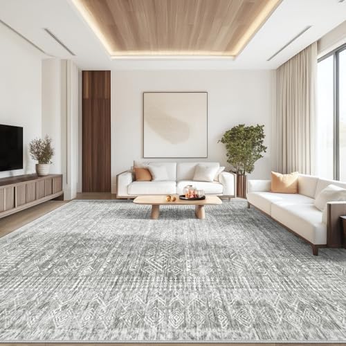 Living Room Rugs 9x12: Washable Moroccan Geometric Boho Rug Farmhouse Non Slip Stain Resistant Large Rug Low Pile Soft Carpet for Bedroom Dining Room Children Room (Grey,9'x12') - Image 3