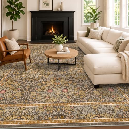Washable 10x14 Living Room Rug - Brown Oriental Large Area Rug for Dining Room Under Table, Low Pile Non-Slip Floor Carpet for Bedroom Under Bed - Vintage Taupe Design & Stain Resistance by HazoHaus