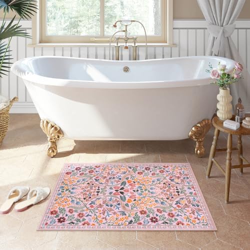 Moynesa Pink Floral 2x3 Rug for Entryway, Washable Vintage Bedroom Rug - Image 6