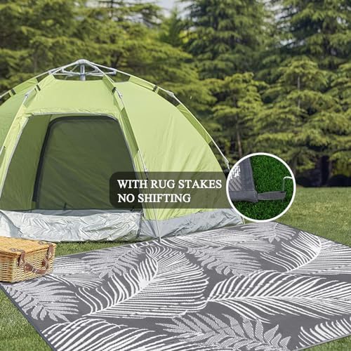 Pauwer Waterproof Outdoor Rug 9x12, Plastic Straw Patio Rug, Leaf Grey - Image 6