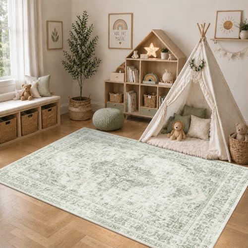 5x8 Washable Bedroom Area Rug Non-Slip Medallion Green Throw Carpet - Image 3