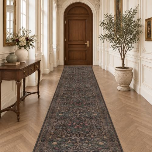 Washable Boho 3x16 Long Runner Rug for Hallway Non Slip, Ultra Thin Large Kitchen Indoor Floor Rugs for Entryway Hall Way, Stain Resistant Low Pile Vintage Brown Floral Carpet - Image 3
