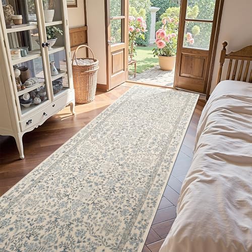 jinchan 3x10 Washable Hallway Runner Rug, Floral Non-Slip, Blue/Cream - Image 2